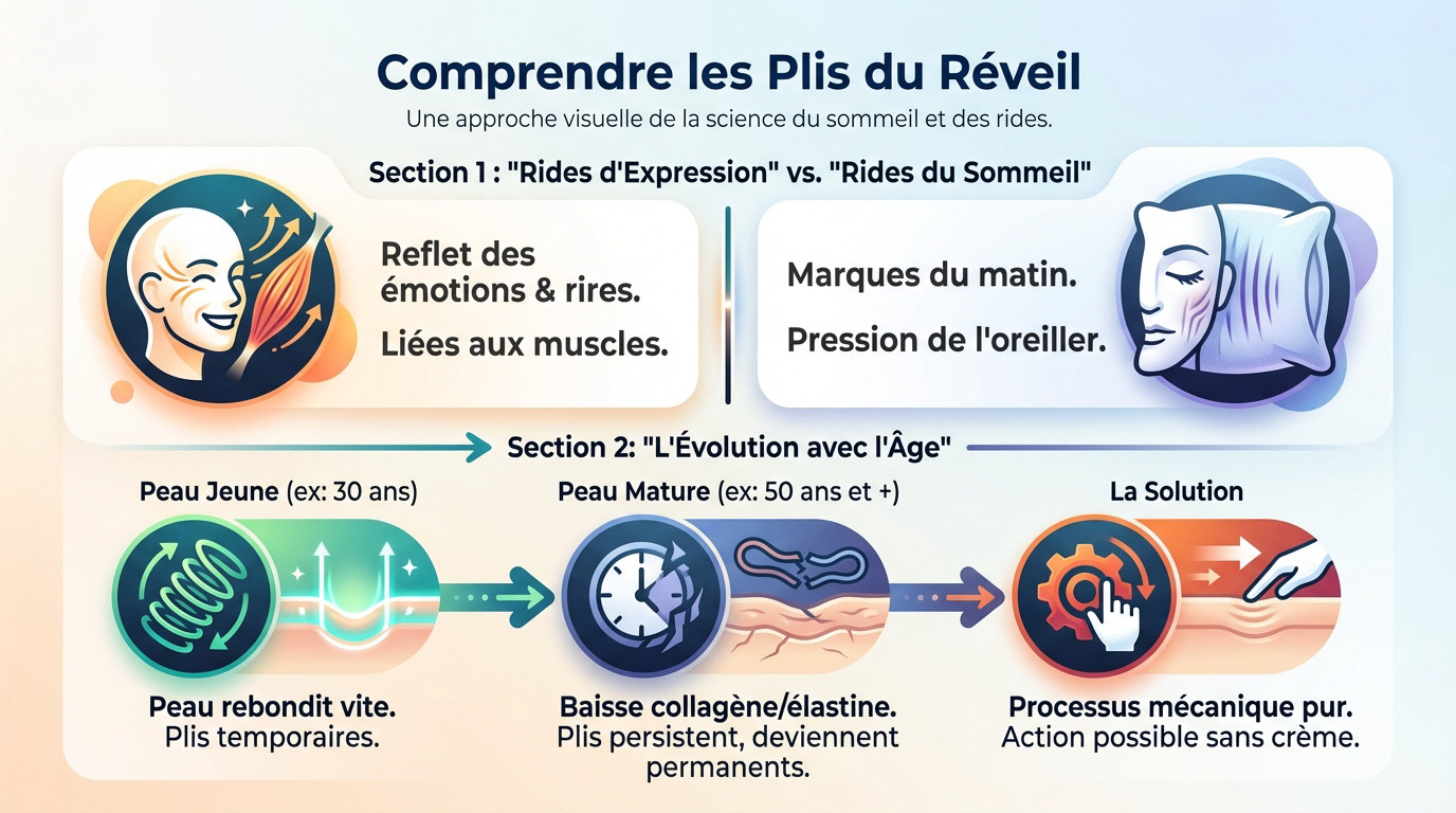 Schéma montrant la différence entre les rides d'expression et les plis de compression causés par le sommeil
